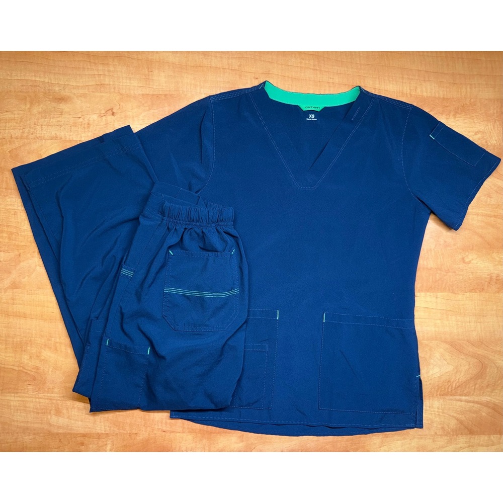 Carhartt Liberty Navy Blue Scrub Set Women XS Petite V-Neck Cargo Pants